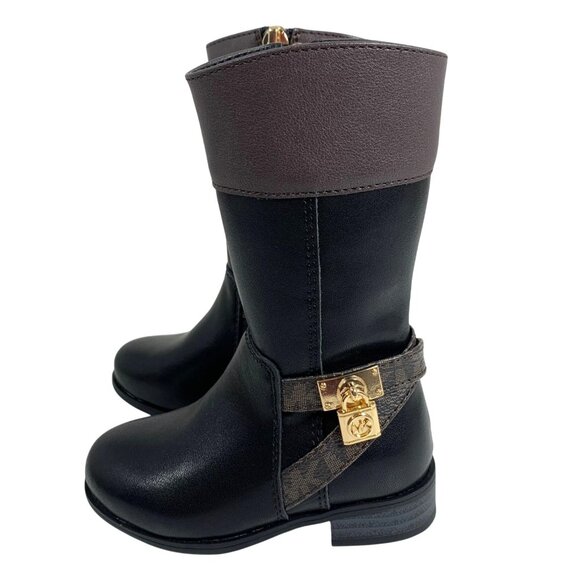 Michael Kors Black & Brown Mid-Calf Boots Gold Detail Side Zipper Girls SZ 5 NEW - Picture 2 of 8